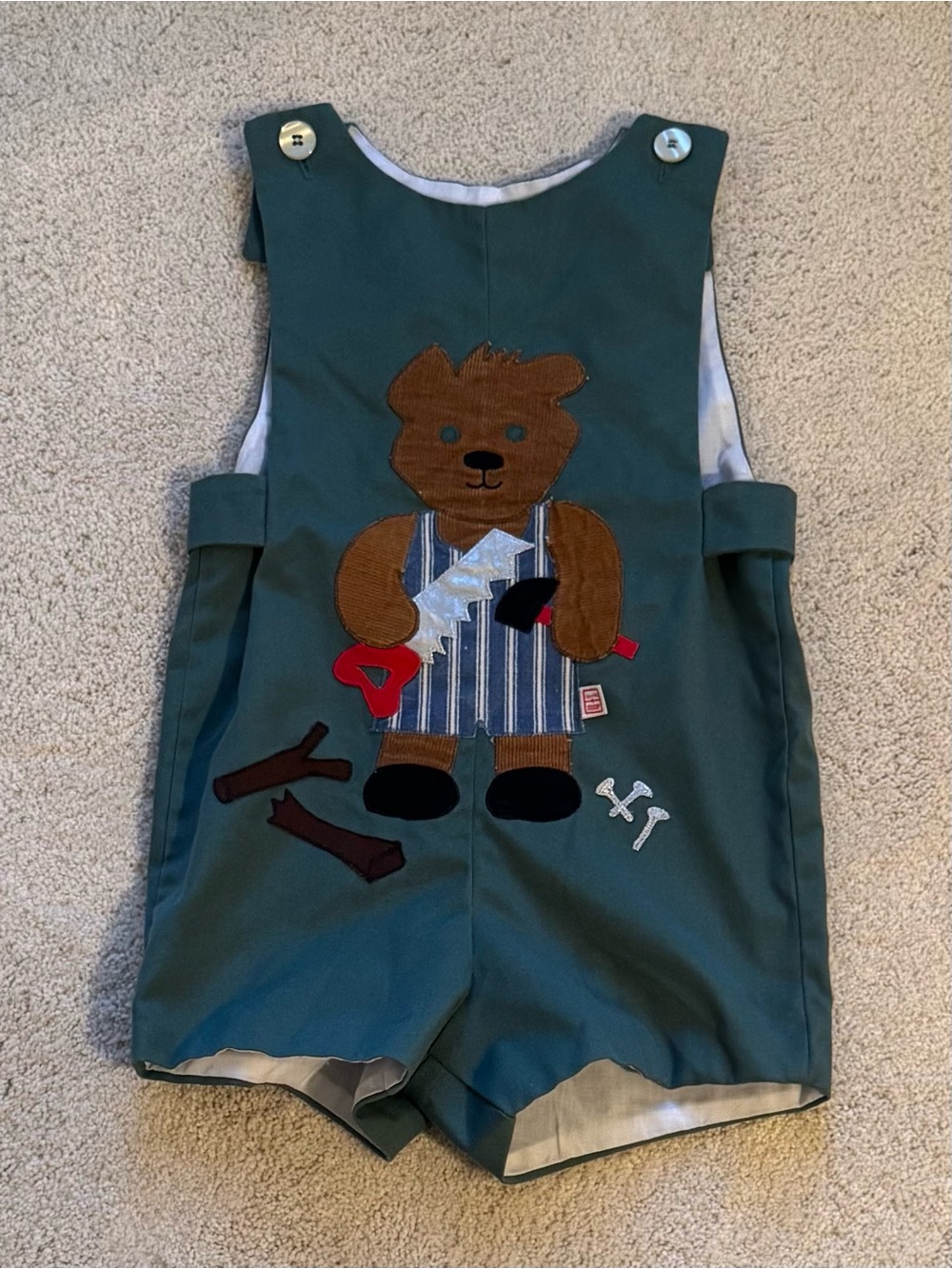 Boys Sz 5 VTG Romper / Jon Jon - Green Bear & Tool / Construction Applique